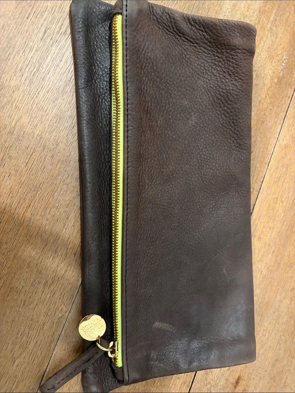 Men's Brown Leather Clutch with Yellow Zipper